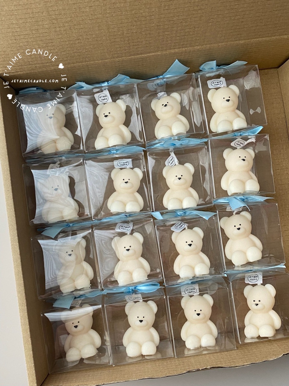 Mini Teddy Bear Candle in Gift Box with Personalized Label and Ribbon – a charming teddy bear-shaped candle, individually packaged with custom label and ribbon. Perfect for baby showers, gender reveals, and newborn celebrations, bringing warmth and a personal touch to any baby-themed event