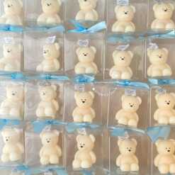 Mini Teddy Bear Candle in Gift Box with Personalized Label and Ribbon – a charming teddy bear-shaped candle, individually packaged with custom label and ribbon. Perfect for baby showers, gender reveals, and newborn celebrations, bringing warmth and a personal touch to any baby-themed event
