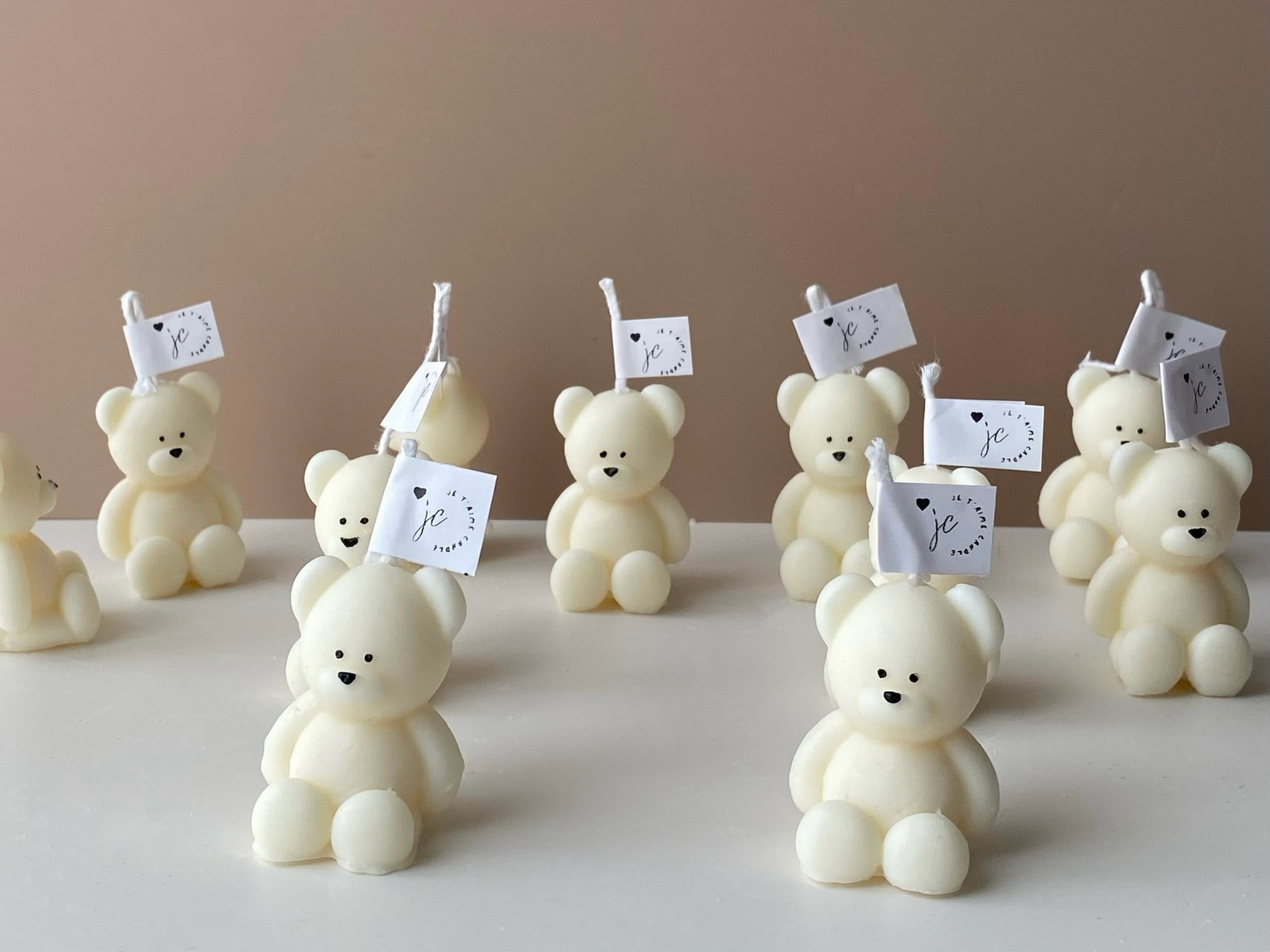 Mini Teddy Bear Candle in Gift Box with Personalized Label and Ribbon – a charming teddy bear-shaped candle, individually packaged with custom label and ribbon. Perfect for baby showers, gender reveals, and newborn celebrations, bringing warmth and a personal touch to any baby-themed event