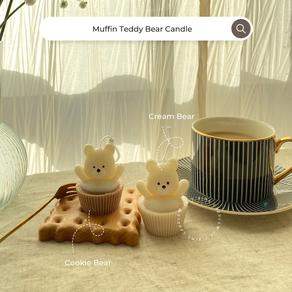 Set of handcrafted Muffin Teddy Bear Candles made from natural soy wax, designed in pastel cupcake holders in pink, purple, and brown. Cute decorative bear-shaped candles ideal for home décor, nursery styling, birthday gifts, anniversaries, baby showers, or special occasions. Handmade in the UK, these kawaii aesthetic candles add a cozy, unique, and charming touch to any space.