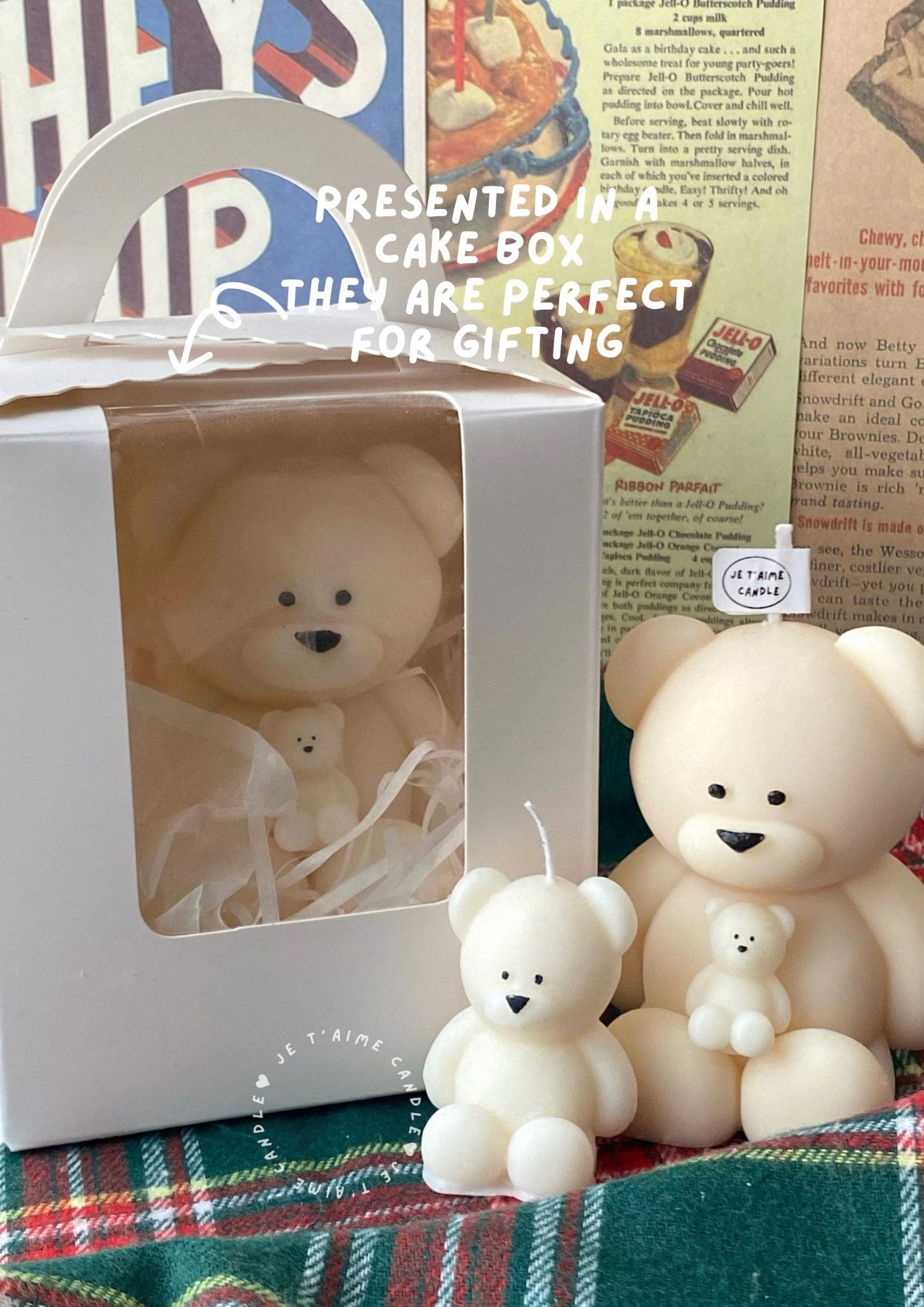 Handmade teddy bear candles in cream colors, crafted by Je T’aime Candle. Cute decorative bear-shaped candles, perfect for gifts, baby showers, weddings, or cozy home décor.