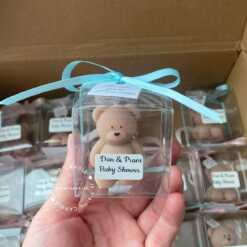 Mini Teddy Bear Candle in Gift Box with Personalized Label and Ribbon – a charming teddy bear-shaped candle, individually packaged with custom label and ribbon. Perfect for baby showers, gender reveals, and newborn celebrations, bringing warmth and a personal touch to any baby-themed event