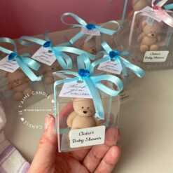 Mini Teddy Bear Candle in Gift Box with Personalized Label and Ribbon – a charming teddy bear-shaped candle, individually packaged with custom label and ribbon. Perfect for baby showers, gender reveals, and newborn celebrations, bringing warmth and a personal touch to any baby-themed event