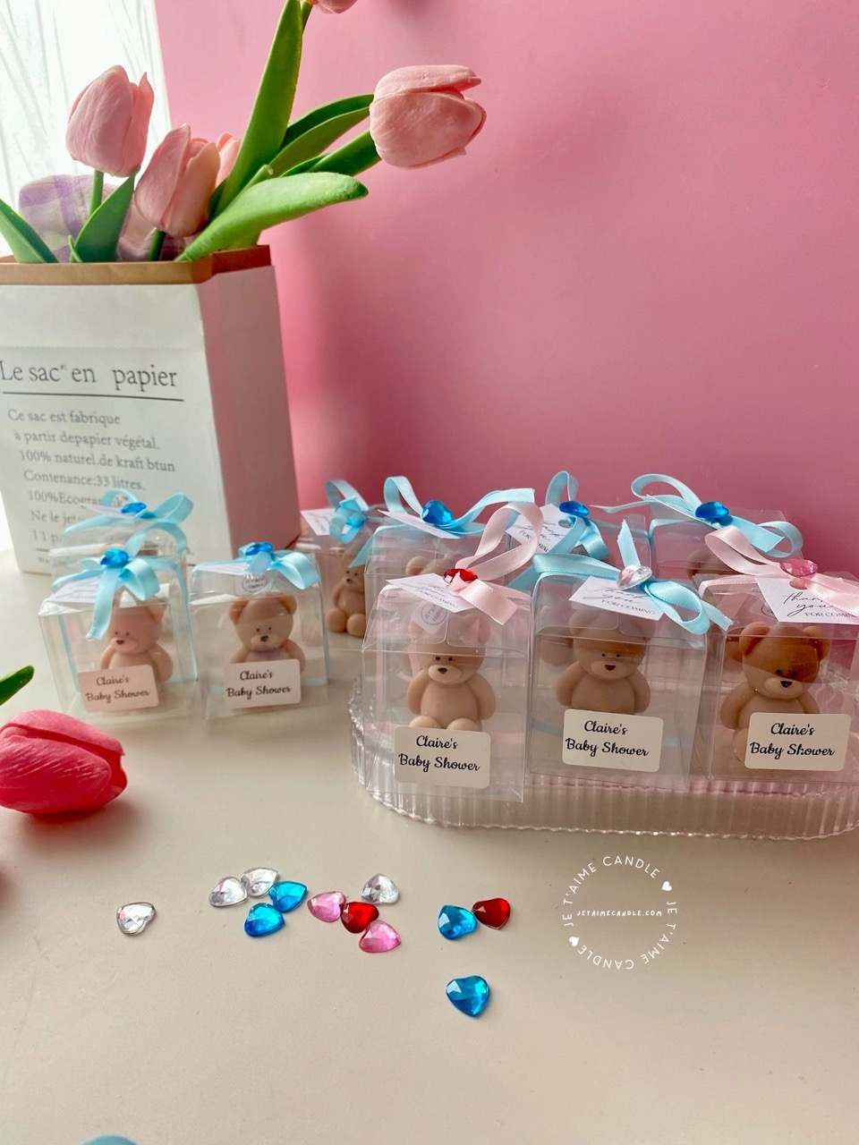 Mini Teddy Bear Candle in Gift Box with Personalized Label and Ribbon – a charming teddy bear-shaped candle, individually packaged with custom label and ribbon. Perfect for baby showers, gender reveals, and newborn celebrations, bringing warmth and a personal touch to any baby-themed event