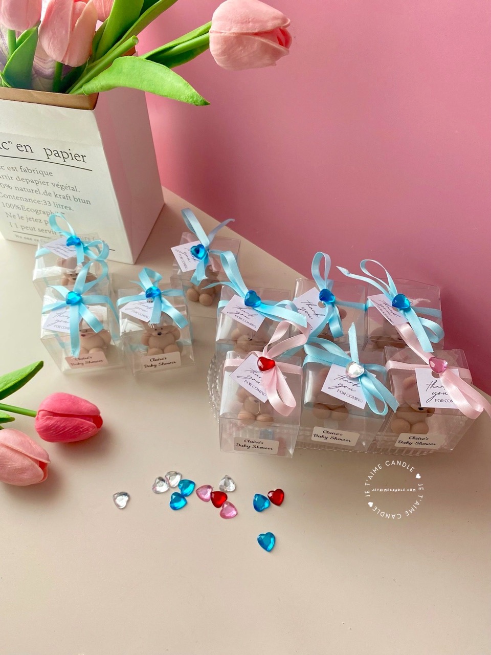 Mini Teddy Bear Candle in Gift Box with Personalized Label and Ribbon – a charming teddy bear-shaped candle, individually packaged with custom label and ribbon. Perfect for baby showers, gender reveals, and newborn celebrations, bringing warmth and a personal touch to any baby-themed event