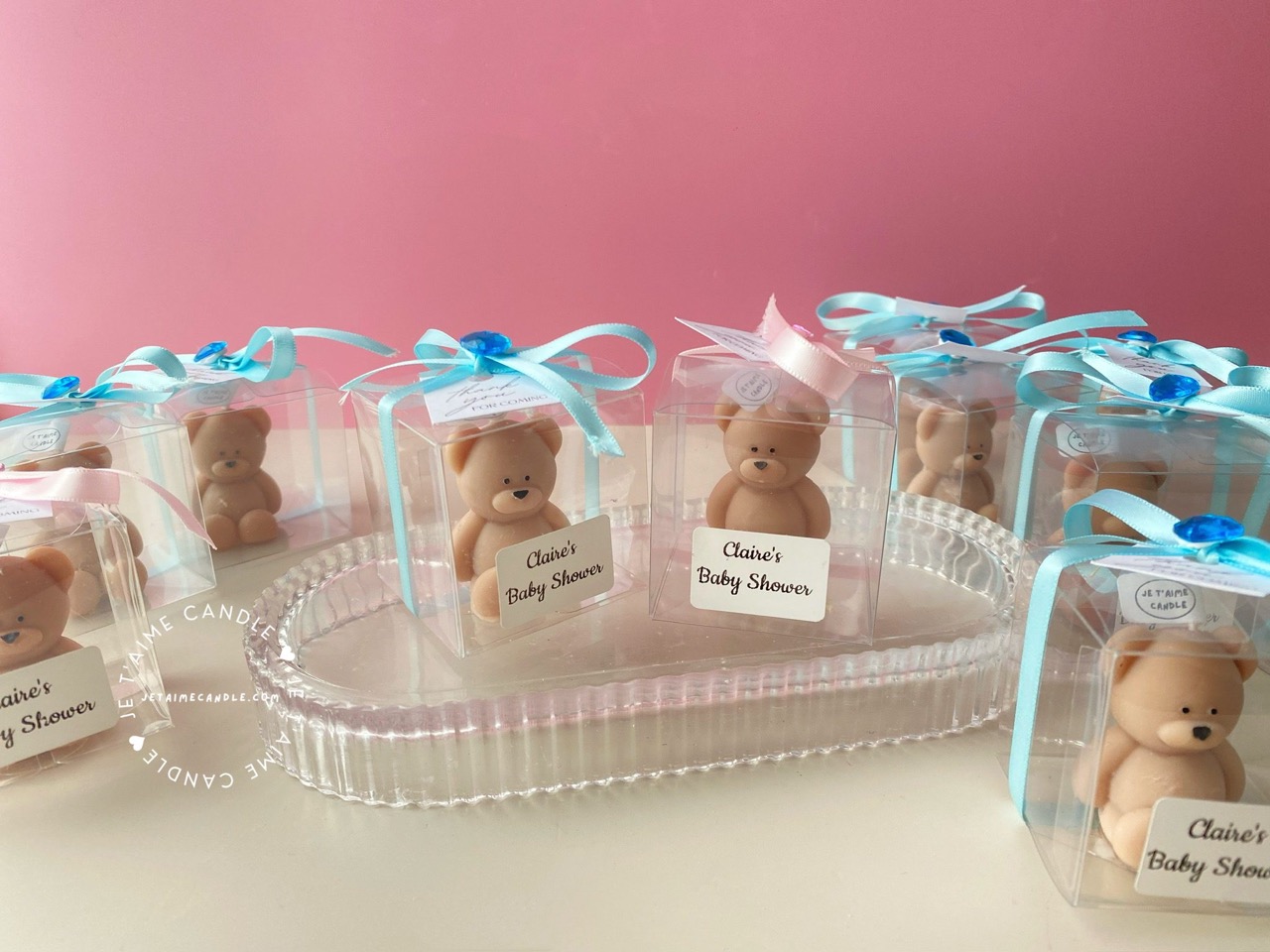 Mini Teddy Bear Candle in Gift Box with Personalized Label and Ribbon – a charming teddy bear-shaped candle, individually packaged with custom label and ribbon. Perfect for baby showers, gender reveals, and newborn celebrations, bringing warmth and a personal touch to any baby-themed event