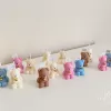 Colorful teddy bear candles in pink, blue, brown, orange, and white, wrapped in white organza bags with ribbons and personalized tags, displayed on a green tiled box with pampas grass decor in the background