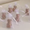Colorful teddy bear candles in brown, wrapped in white organza bags with ribbons and personalized tags, displayed on a green tiled box with pampas grass decor in the background