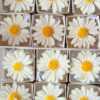 Set of handmade daisy-shaped candles with white petals and yellow centers, displayed on a fabric surface – perfect for wedding favors, bridal shower gifts, or spring party decorations.