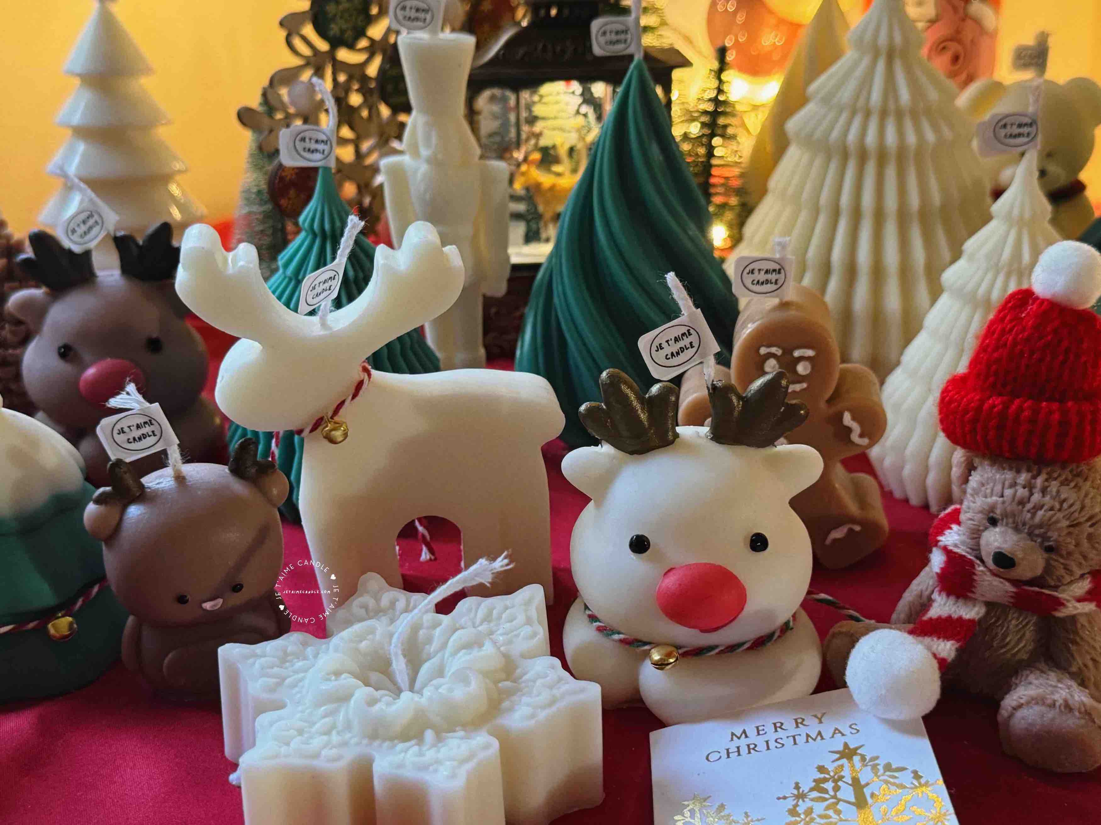 Celebrate the festive season with these adorable handcrafted Christmas candles! Perfect for adding a touch of holiday charm to your home or gifting to loved ones, each candle features unique designs like reindeer, bears, Christmas trees, and gingerbread figures. Perfect Christmas Gift: These cute animal-shaped candles make a charming holiday gift for friends, family, or colleagues. Enhance your holiday décor with these delightful candles, ideal for centerpieces, mantel displays, or as part of your Christmas table setting.
