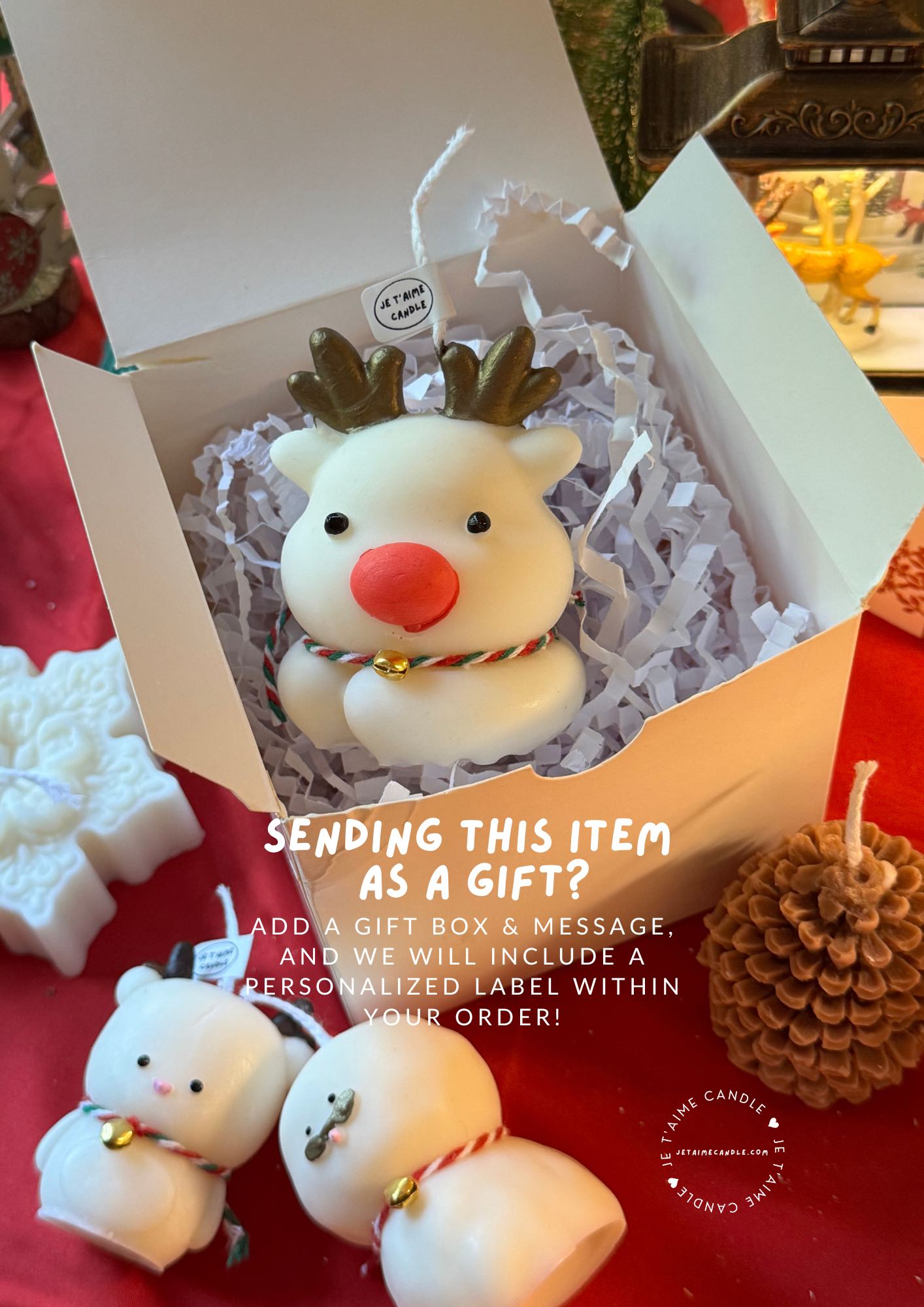 Celebrate the festive season with our enchanting Cute Reindeer Candle. Handcrafted with love, this adorable elk-shaped candle adds a magical touch to your Christmas decor. Perfect as a centerpiece or a thoughtful gift, its charming design brings warmth and cheer to any holiday celebration. Illuminate your home with the whimsical spirit of the season with this delightful scented Reindeer Candle. Cute Reindeer Christmas Tree Scented Candle • Width: 5.5 cm • Height: 7 cm • Weight: Approximately 95 g