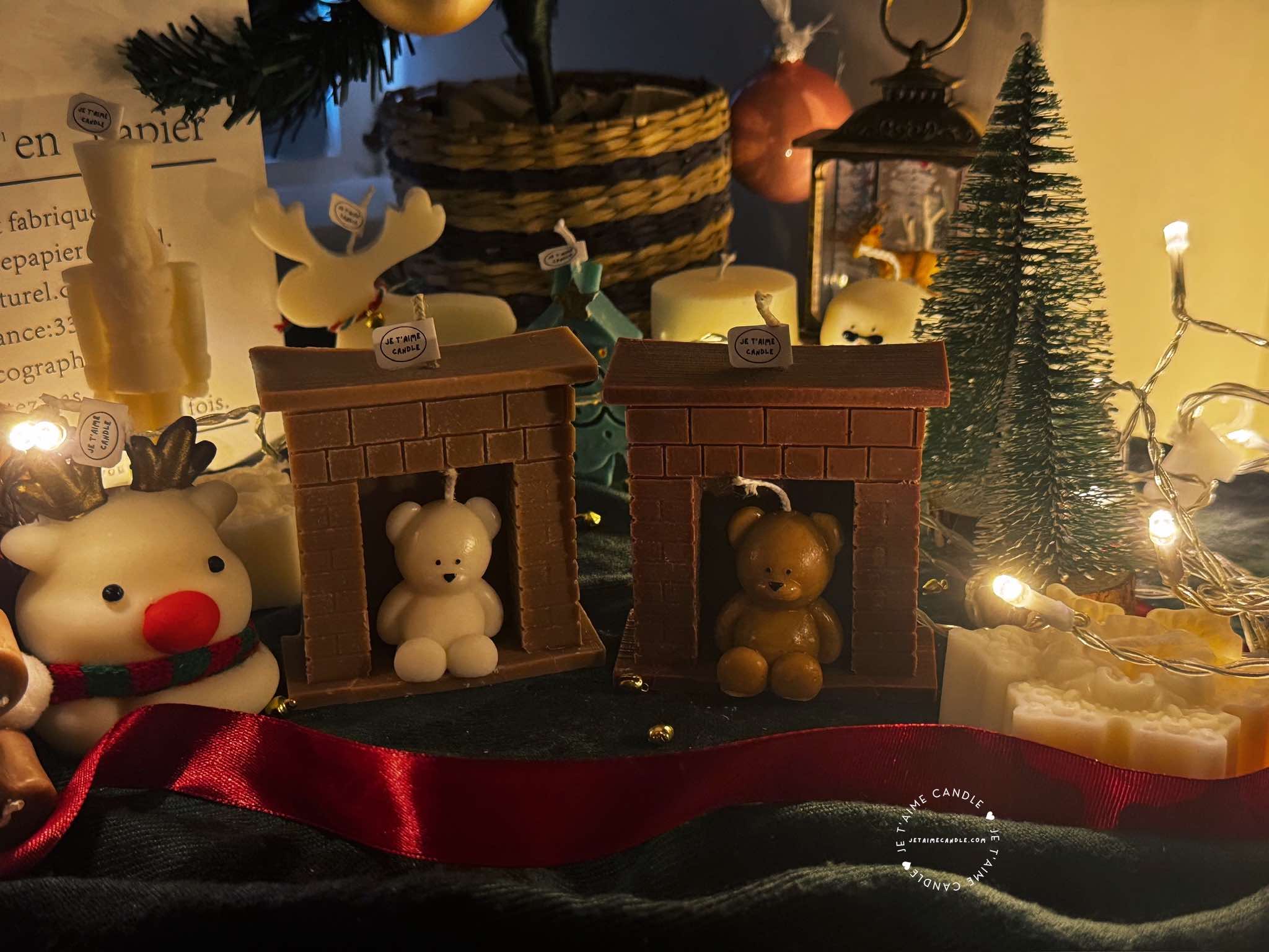 A cozy box featuring a teddy bear surrounded by festive Christmas decorations, perfect for holiday warmth and charm.