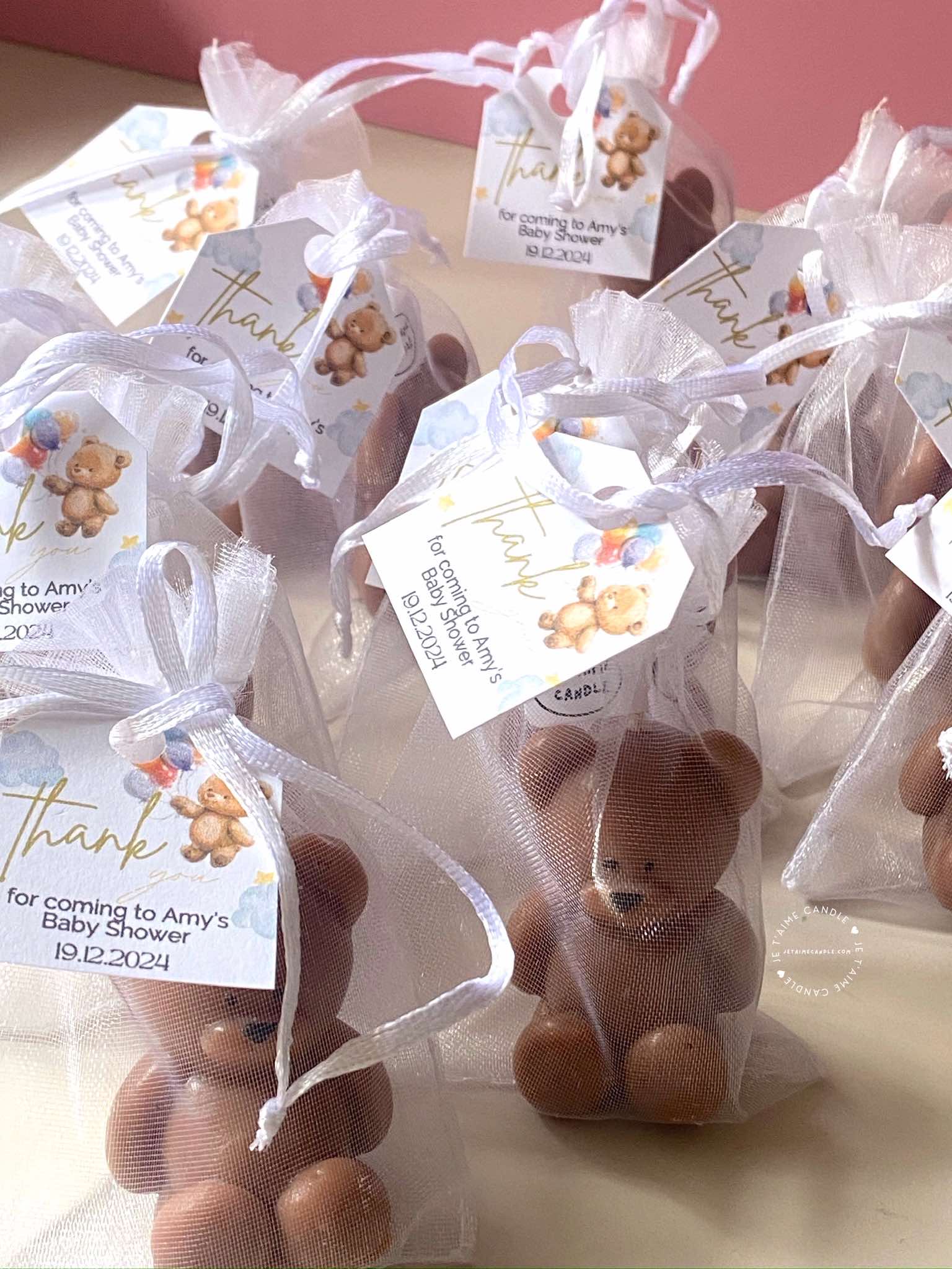 Mini Teddy Bear Candle with Organza Bag, Personalized Tag - Image 2