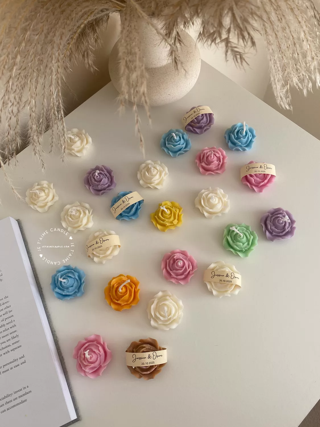 Explore these beautiful rose-shaped candles in vibrant colors like pink, blue, purple, yellow, green, and white. Perfect for weddings, baby showers, or special events, these handmade candles add a touch of elegance to any occasion
