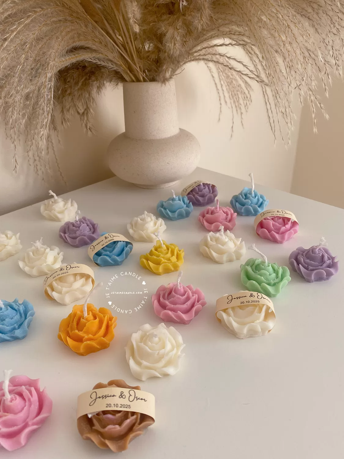 Explore these beautiful rose-shaped candles in vibrant colors like pink, blue, purple, yellow, green, and white. Perfect for weddings, baby showers, or special events, these handmade candles add a touch of elegance to any occasion