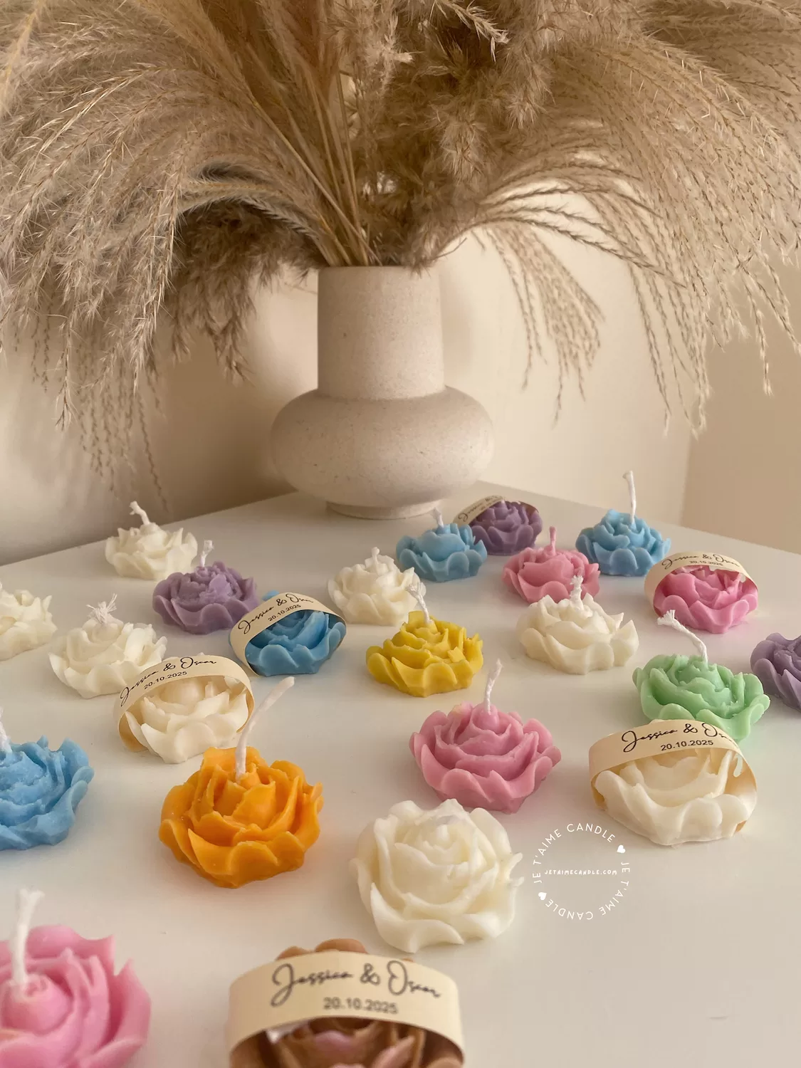 Explore these beautiful rose-shaped candles in vibrant colors like pink, blue, purple, yellow, green, and white. Perfect for weddings, baby showers, or special events, these handmade candles add a touch of elegance to any occasion