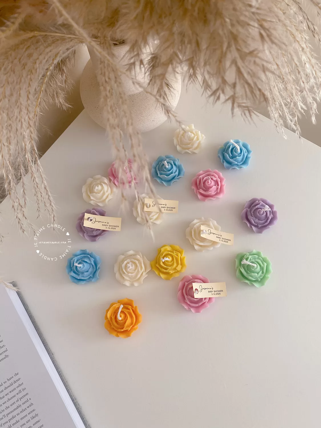 Explore these beautiful rose-shaped candles in vibrant colors like pink, blue, purple, yellow, green, and white. Perfect for weddings, baby showers, or special events, these handmade candles add a touch of elegance to any occasion