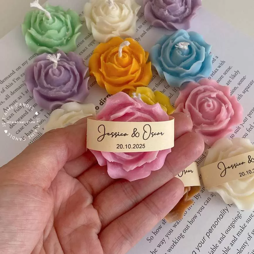 Explore these beautiful rose-shaped candles in vibrant colors like pink, blue, purple, yellow, green, and white. Perfect for weddings, baby showers, or special events, these handmade candles add a touch of elegance to any occasion