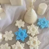 A collection of decorative candles in various shapes, including snowflakes, a Christmas tree, a nutcracker, a house, and a cylindrical candle. The snowflake candles are intricately designed in white and blue, displayed on soft fabric.