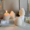 Assorted handmade Christmas candles in festive shapes including Pinecone, snowflakes, taper candle, displayed together in holiday-themed colors.