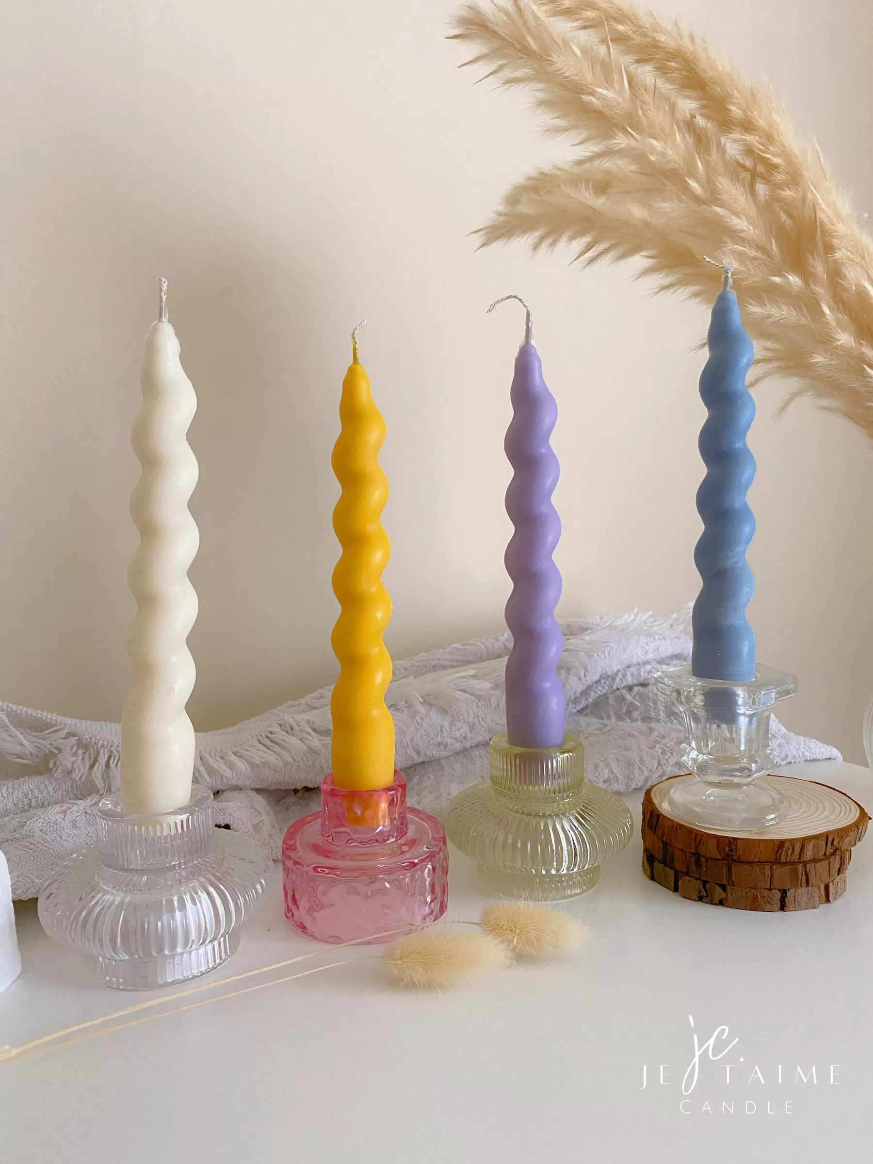 Spiral twist soy wax candles in pastel shades. Perfect for wedding tables, dinner parties, or modern home decor. Handmade and eco-friendly.