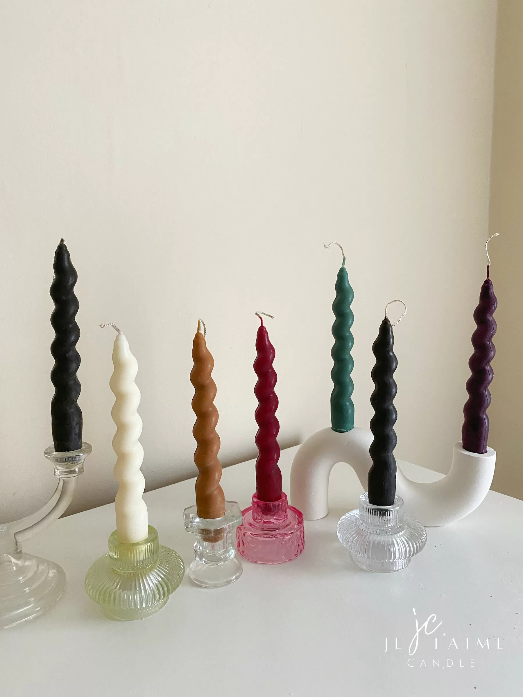 Spiral twist soy wax candles in pastel shades. Perfect for wedding tables, dinner parties, or modern home decor. Handmade and eco-friendly.