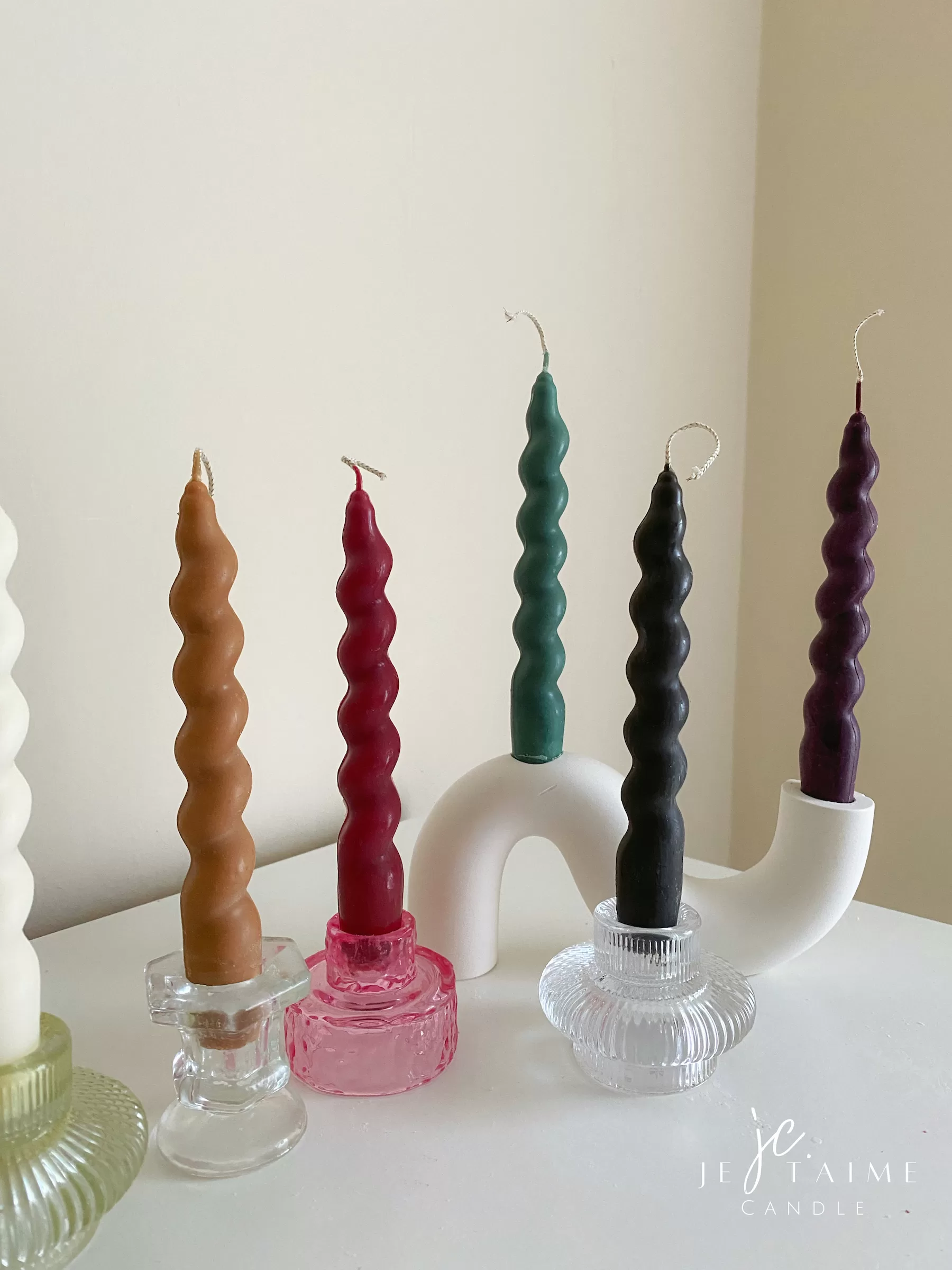 Spiral twist soy wax candles in pastel shades. Perfect for wedding tables, dinner parties, or modern home decor. Handmade and eco-friendly.